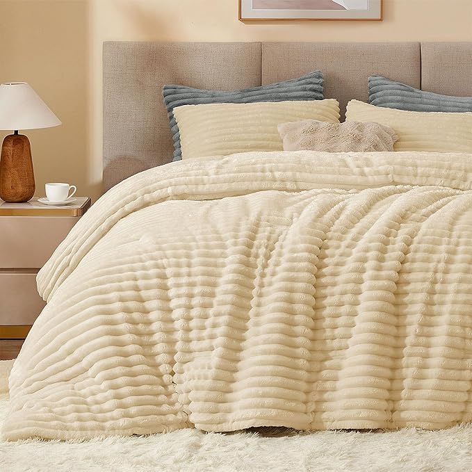 BEDELITE Fleece King Comforter Set -Super Soft & Warm Fluffy Beige Bedding by BEDELITE