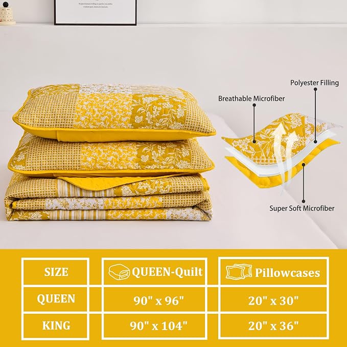 Mybedsoul Yellow Boho Quilt Set King Size, 3 Pieces Plaid Floral Bedspread - Image 5