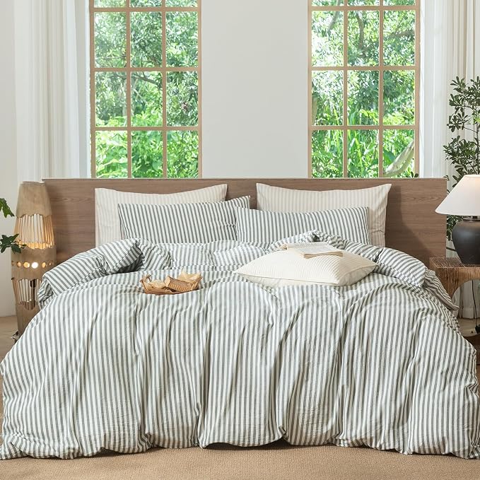 MooMee Striped Duvet Cover Set 100% Washed Cotton Linen Like Textured by MOOMEE