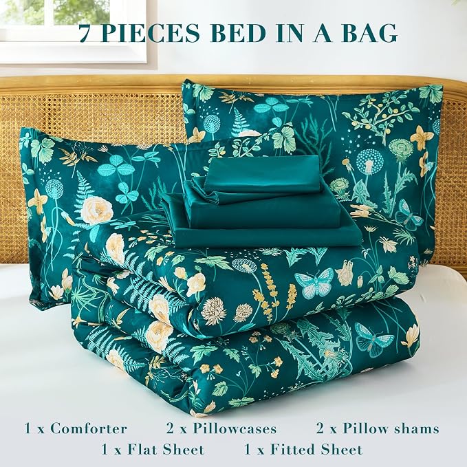 Yiran King Size Comforter Set 7 Piece, Teal Green Floral Bedding Set, - Image 6