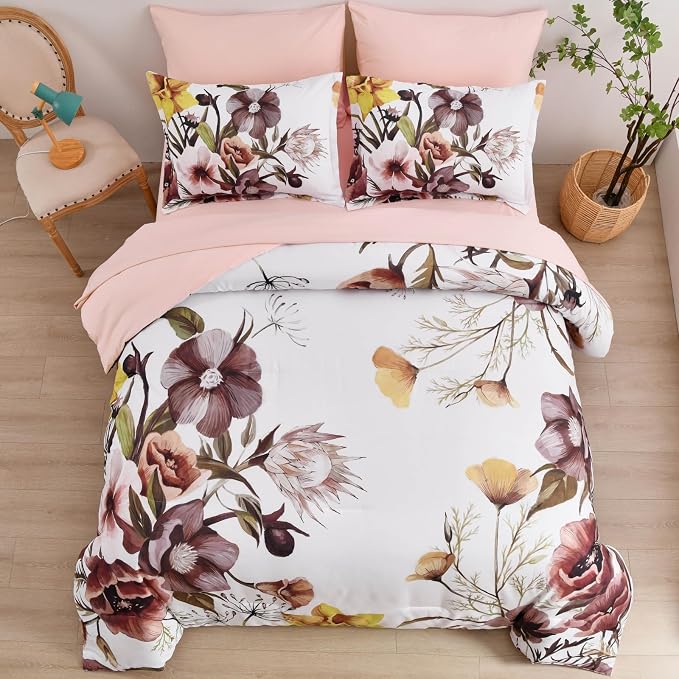 Luxudecor Floral Comforter Set Queen Size 7 Piece, Blush Flower Bed in a Bag - Image 3