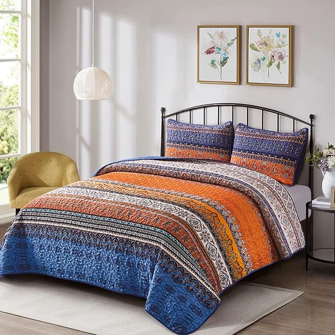 WONGS BEDDING Boho Fall Quilt Full Size, 3 Pieces Orange Blue Bohemian - Image 2