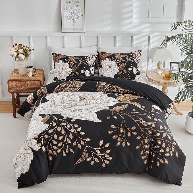 mixinni Floral Duvet Cover King Size, 3 Pieces White Flowers and Gold Leaves - Image 7
