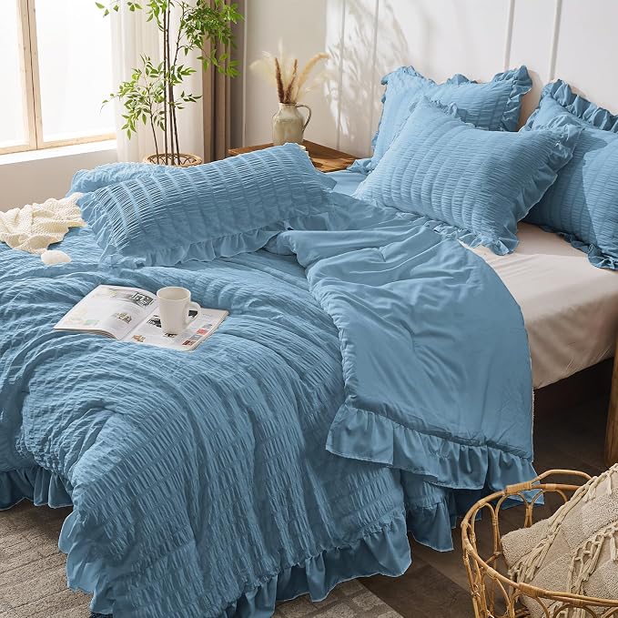 JOLLYVOGUE Full Size Comforter, 3 Pieces Sea Blue Seersucker Lightweight Full - Image 7