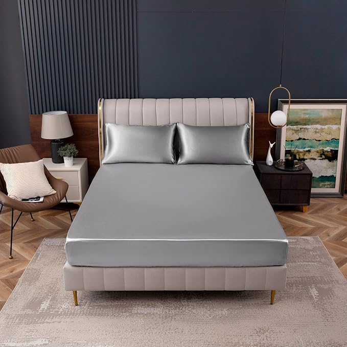 Homiest Light Grey Satin Fitted Sheet Queen Size, Deep Pocket, Luxury & Ultra - Image 2