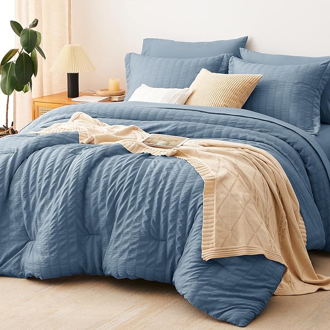 CozyLux King Size Comforter Set Grayish Blue Seersucker 7 Pieces Bed in a Bag by CozyLux