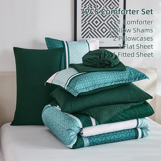 WONGS BEDDING 7 Pieces Comforter Set Queen Size, Emerald Green Boho Soft - Image 7