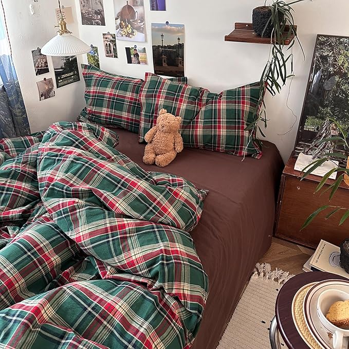 mixinni Vintage Green Buffalo Plaid Washed Cotton Duvet Cover King by mixinni