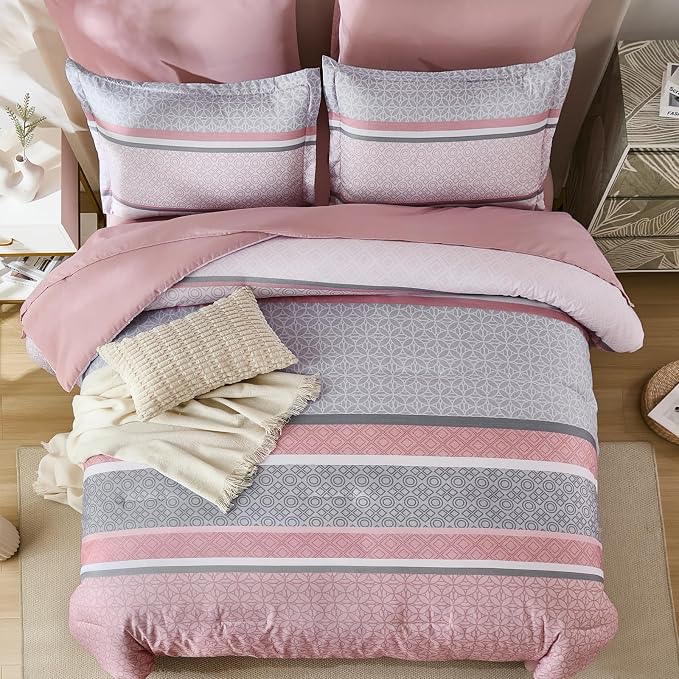 WONGS BEDDING Pink King Comforter Set 7 Pieces, Boho Striped Bed in a Bag Queen - Image 3