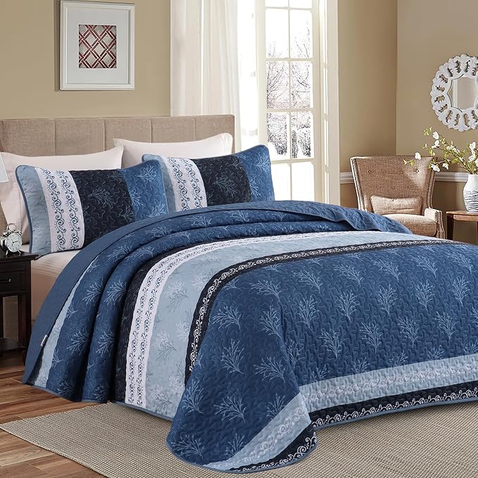 DJY Stripe Quilt Set Queen Size Blue Bedspread Coverlet Set 3 Pieces Boho by HOME