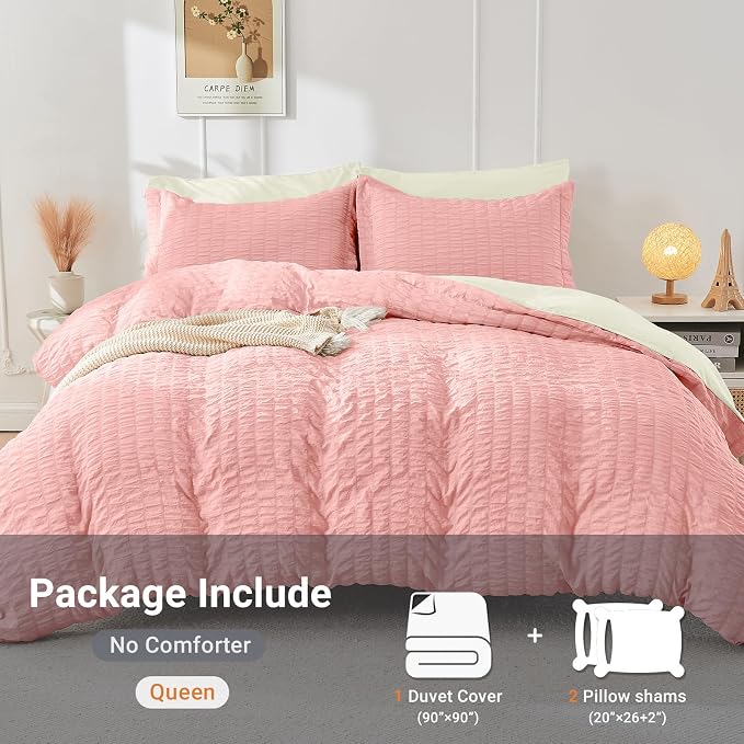 HYMOKEGE Pink/Ivory Duvet Cover Queen Size, Ultra Soft 3-Piece Seersucker Duvet - Image 4