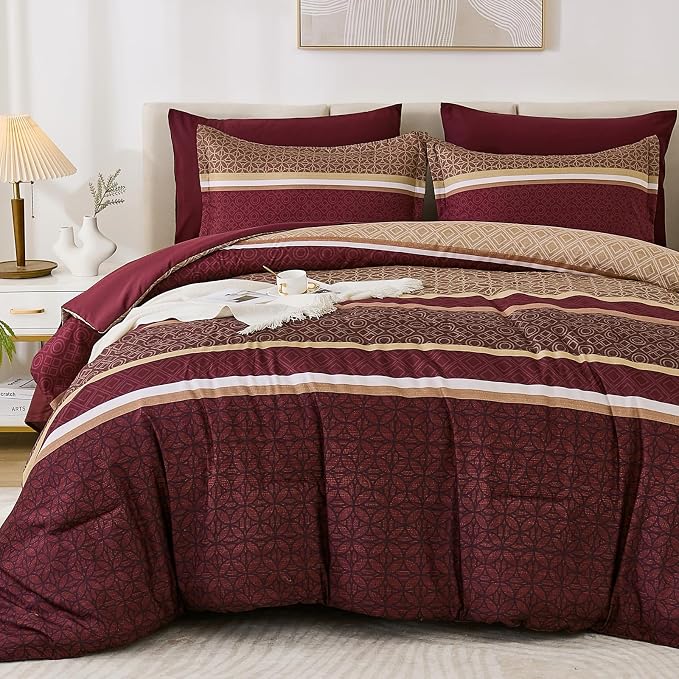 WONGS BEDDING Burgundy Comforter Set King Size, 7 Pieces Maroon Striped Bed in by WONGSBEDDING