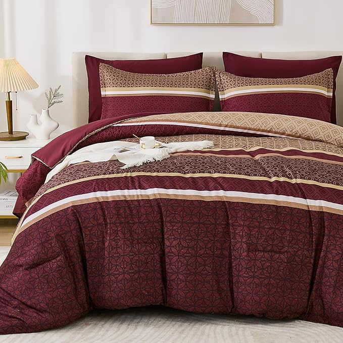 WONGS BEDDING Burgundy Comforter Set Queen Size, 7 Pieces Maroon Striped Bed in by WONGSBEDDING