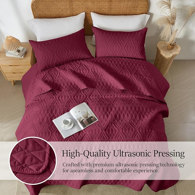 akkialla Full/Queen Quilt Set, Burgundy Lightweight Microfiber Bedspread - Image 3