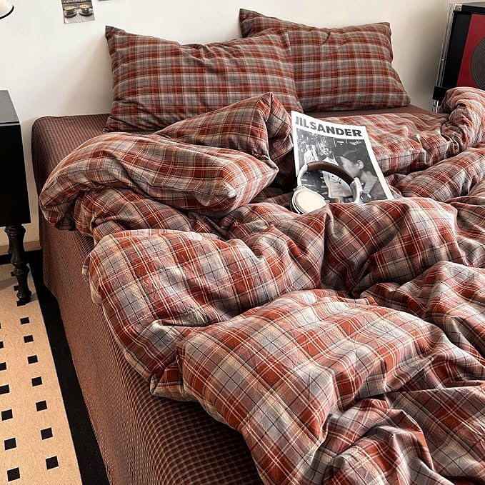 PinkMemory Caramel Blue Gingham Duvet Cover Queen 100% Washed Cotton Buffalo - Image 4