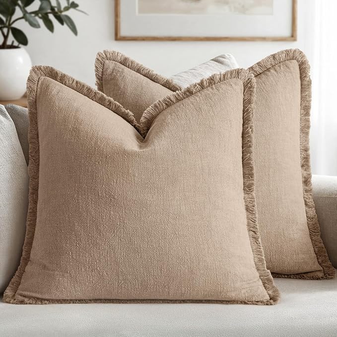 MIULEE Decorative Throw Pillow Covers Neutral Linen Fringe Throw Pillows Euro by MIULEE