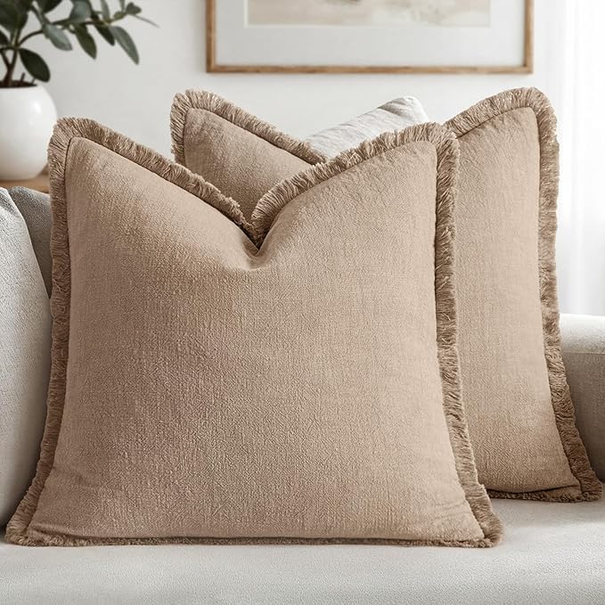 MIULEE Decorative Throw Pillow Covers Neutral Linen Fringe Throw Pillows Euro by MIULEE