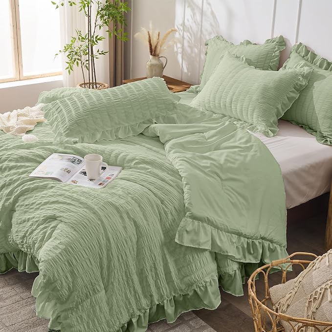 JOLLYVOGUE Sage Green King Comforter Set, 3 Pieces Seersucker Comforters King - Image 7