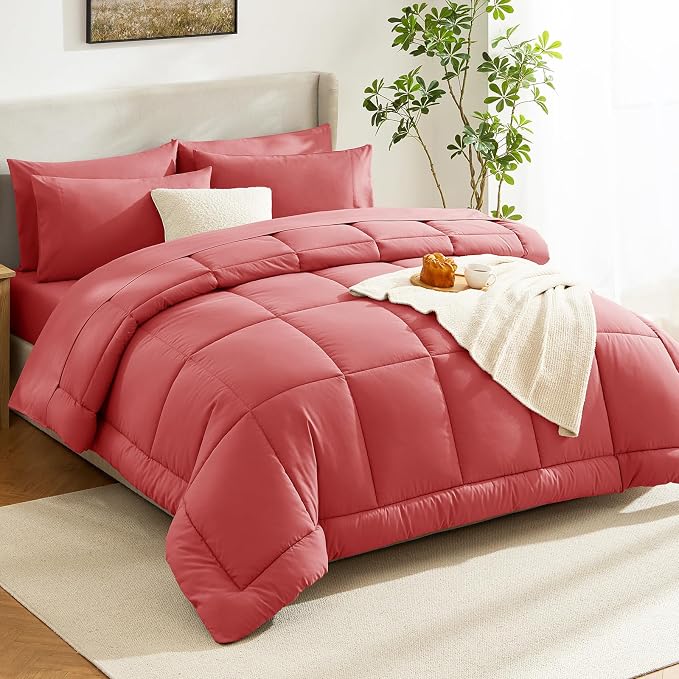 CozyLux King Size Comforter Set Coral, 7 Pieces Bed in a Bag, Coral Comforter - Image 8