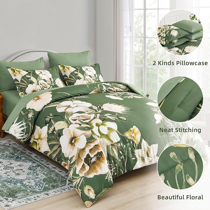Luxudecor Floral Comforter Set King Size 7 Piece, Olive Green Flower Bed in a - Image 6