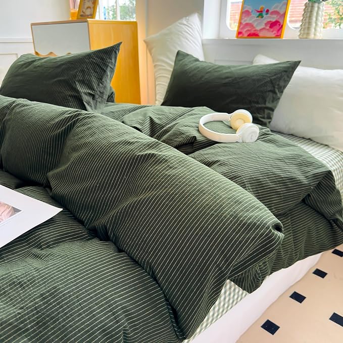 PinkMemory Green Striped Duvet Cover King 100% Washed Cotton Olive Green by PinkMemory