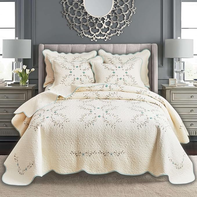 ROOMLIFE Quilt Set King Size 3D Floral Embroidery Pattern 3-Piece Cotton by ROOMLIFE
