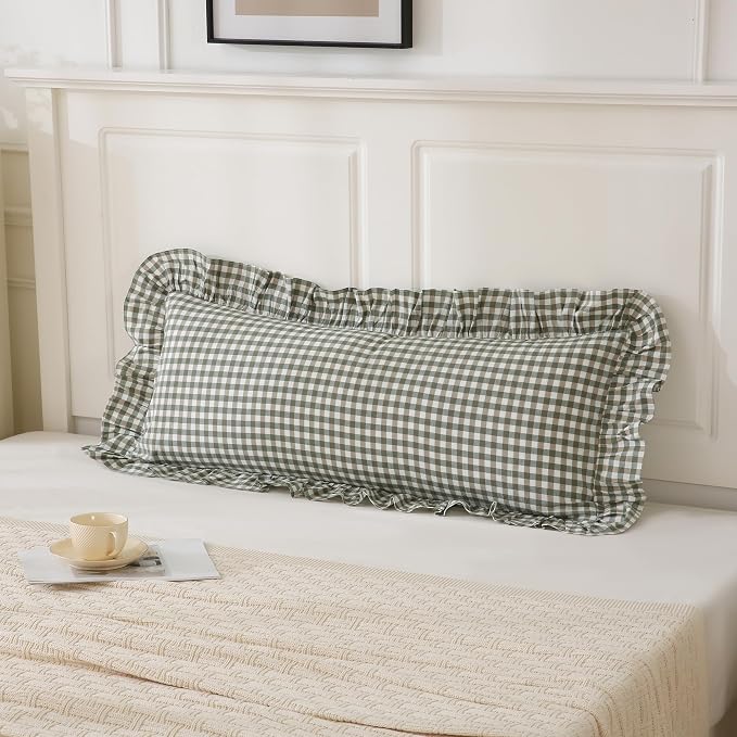 14x36 inches Sage Green Plaid Ruffle Lumbar Pillow Sham 1 Piece, Pure Cotton - Image 3