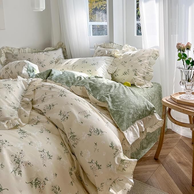mixinni Reversible Green Floral Duvet Cover Set Twin XL Size - Image 2