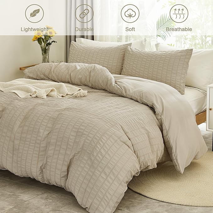 AveLom Beige Seersucker Duvet Cover Set King Size, 3 Pieces, Ultra Soft Washed - Image 2
