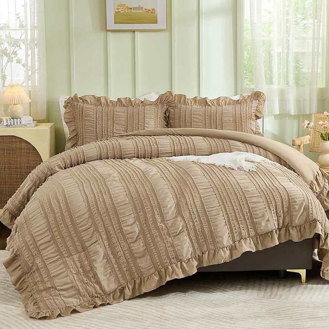 WONGS BEDDING Khaki Comforter Set King, 3 Pieces Ruffle Farmhouse Shabby Chic by WONGSBEDDING