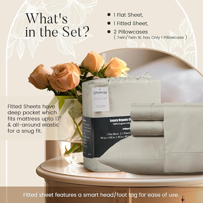 300 Thread Count 100% Organic Cotton Twin Sheets Set - Image 5