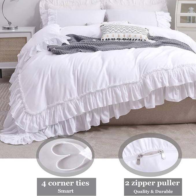 QSH Ruffle White Duvet Cover King Size-Washed Cotton Shabby Farmhouse Chic - Image 5