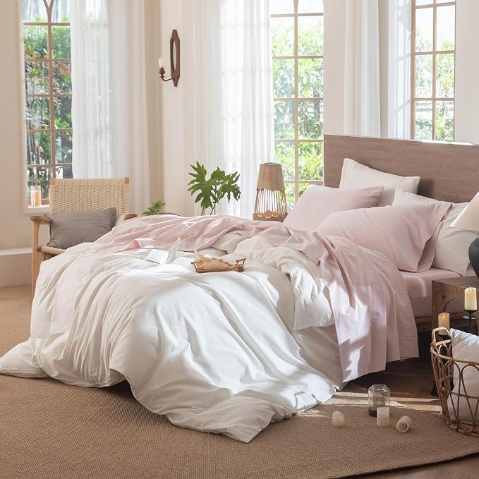 MooMee Fitted Bottom Sheet Only 100% Washed Cotton Linen Like Textured - Image 7
