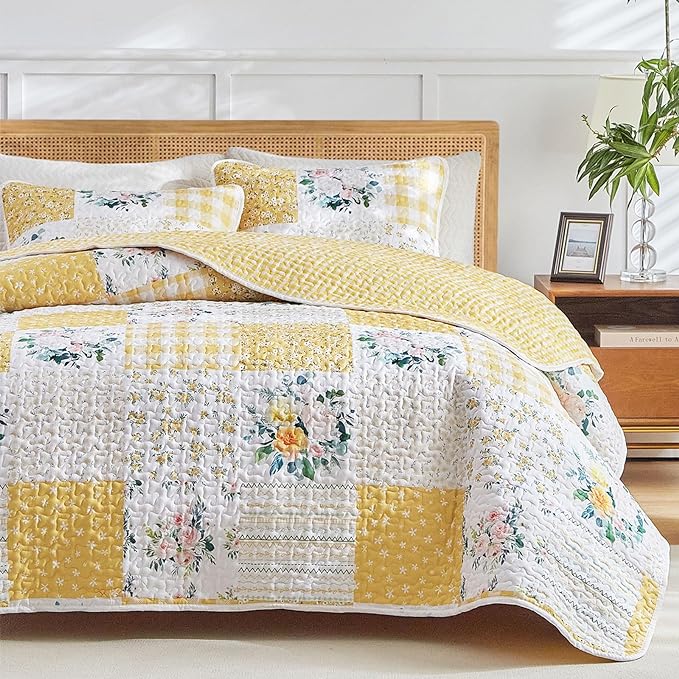 Joyreap 3 Pieces Patchwork Quilt Set California King, 102x114 inches- Yellow n - Image 3