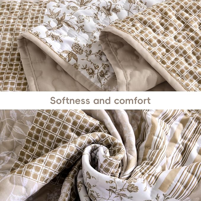 Mybedsoul Beige Boho Quilt Set Queen Size, 3 Pieces Plaid Floral Bedspread Set - Image 4