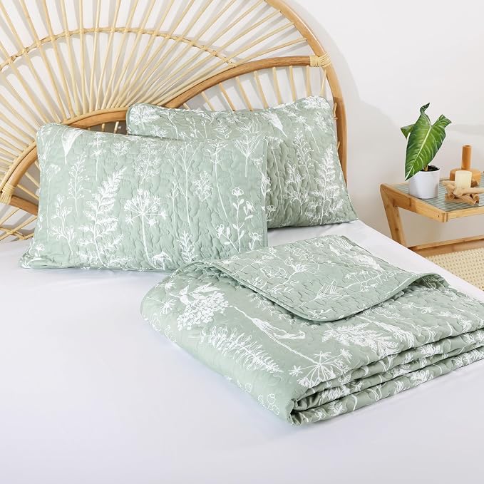 JANZAA Quilts Queen Size Sage Green Quilt Botanical - Image 8