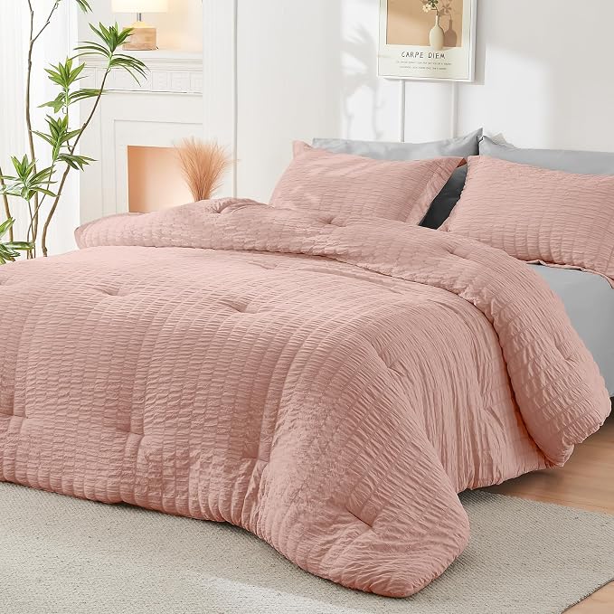 HYMOKEGE Rose Gold/Light Grey King Size Comforter Set Seersucker 7 Pieces - Image 8