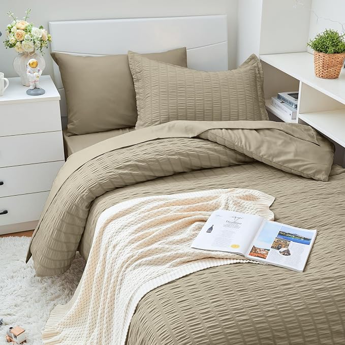 HYMOKEGE Linen Twin XL Comforter Set Seersucker 5 Pieces, All Season Luxury Bed - Image 2