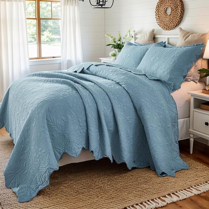 Brandream Luxury 100% Cotton Quilt Set King Size Blue Floral Vine Matelasse - Image 2