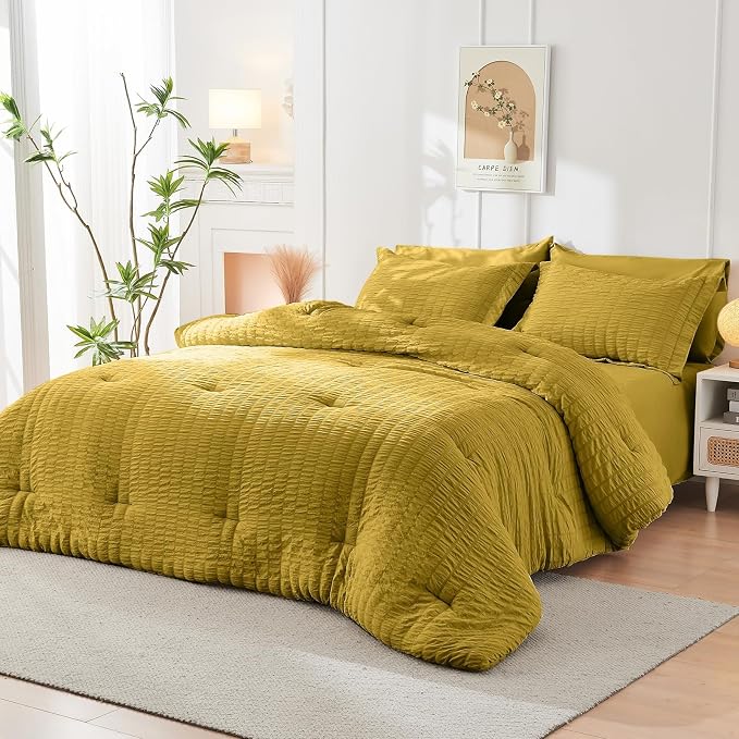 HYMOKEGE Mustard Yellow California King Comforter Set Seersucker 7 Pieces - Image 8