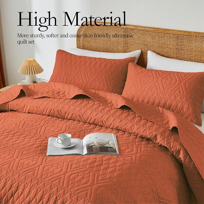 akkialla King/Cal King Size Quilt Bedding Set, Burnt Orange Lightweight - Image 3