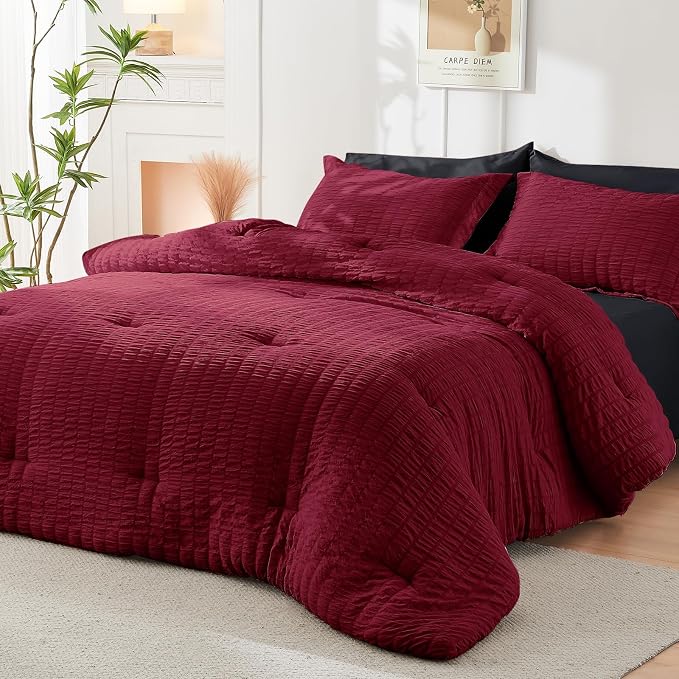 HYMOKEGE Red & Black California King Comforter Set Seersucker 7 Pieces - Image 7