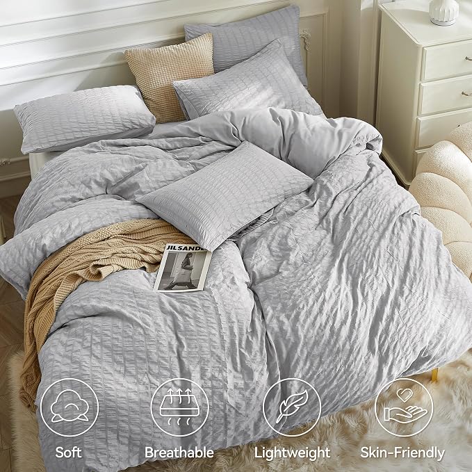 JELLYMONI Light Grey Duvet Cover Queen Size, Soft Breathable Seersucker Duvet - Image 2