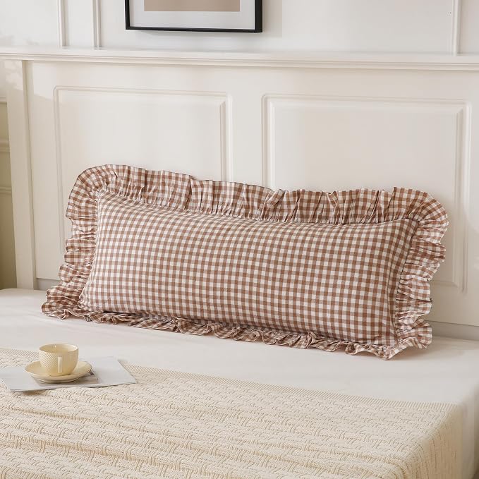 14x36 inches Taupe Plaid Ruffle Gingham Lumbar Throw Pillow Cover, Pure Cotton - Image 5