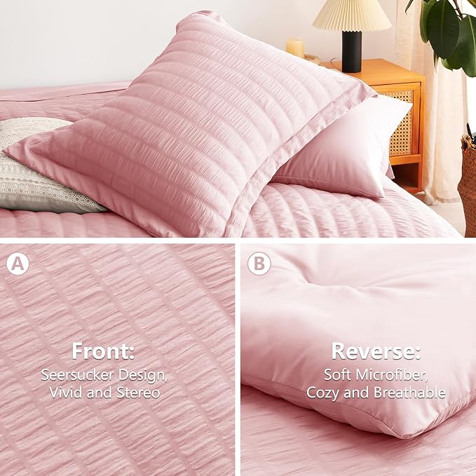 CozyLux Queen Comforter Set Pink Seersucker 7 Pieces Bed in a Bag Queen - Image 4
