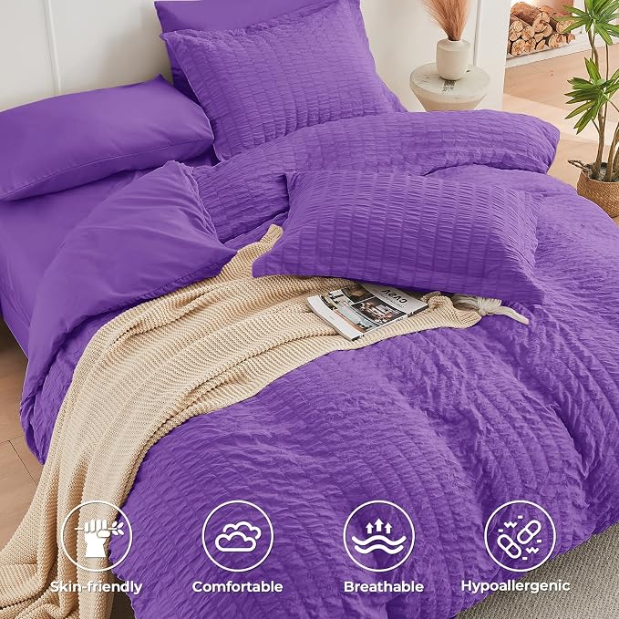 HYMOKEGE Bright Purple Twin Comforter Set Seersucker 5 Pieces, All Season - Image 3