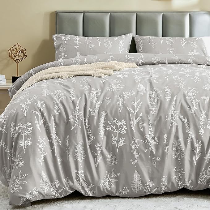 MUXHOMO Duvet Cover Queen Size, Reversible Floral Silver Gray Duvet Cover Set by MUXHOMO