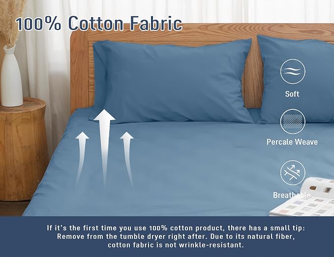 Pillow Cases, King Size Cotton Percale Weave Pillowcases, Pre-Shrunk Breathable - Image 4