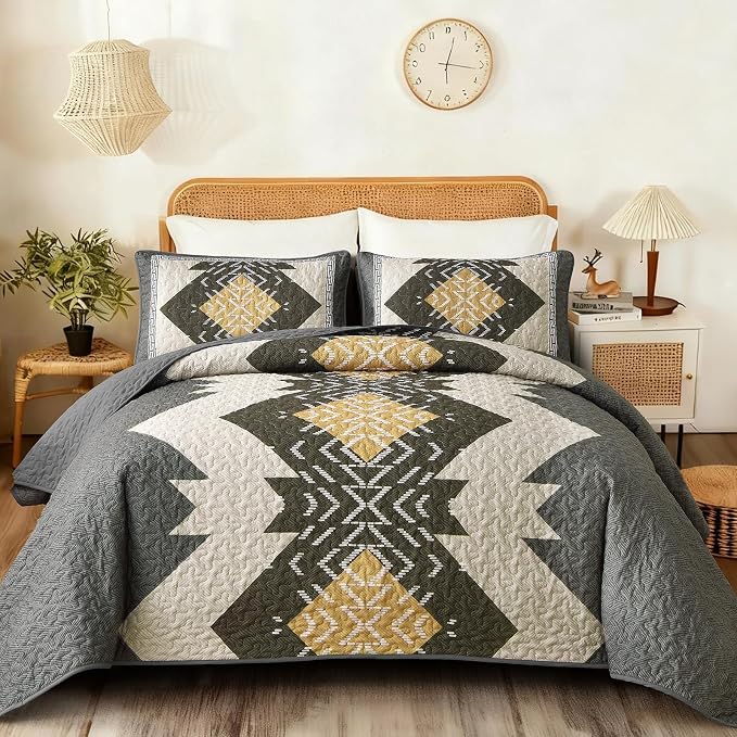 Dintszyayue Boho Quilt Set King Size, 3 Pieces Texture Southwestern Gray - Image 9