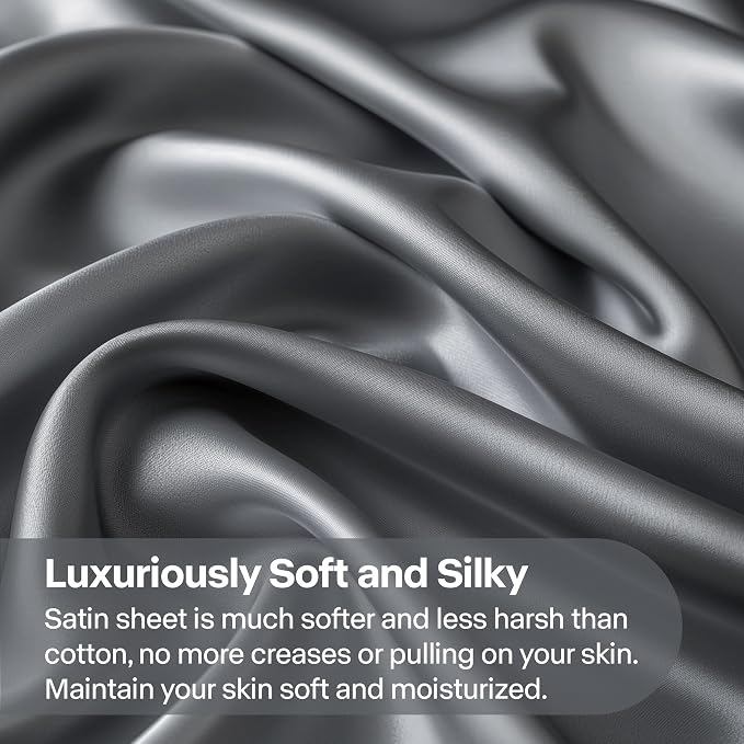 BEDELITE King Size Sheets Set, Luxury Soft Dark Grey Satin Sheets - Image 3